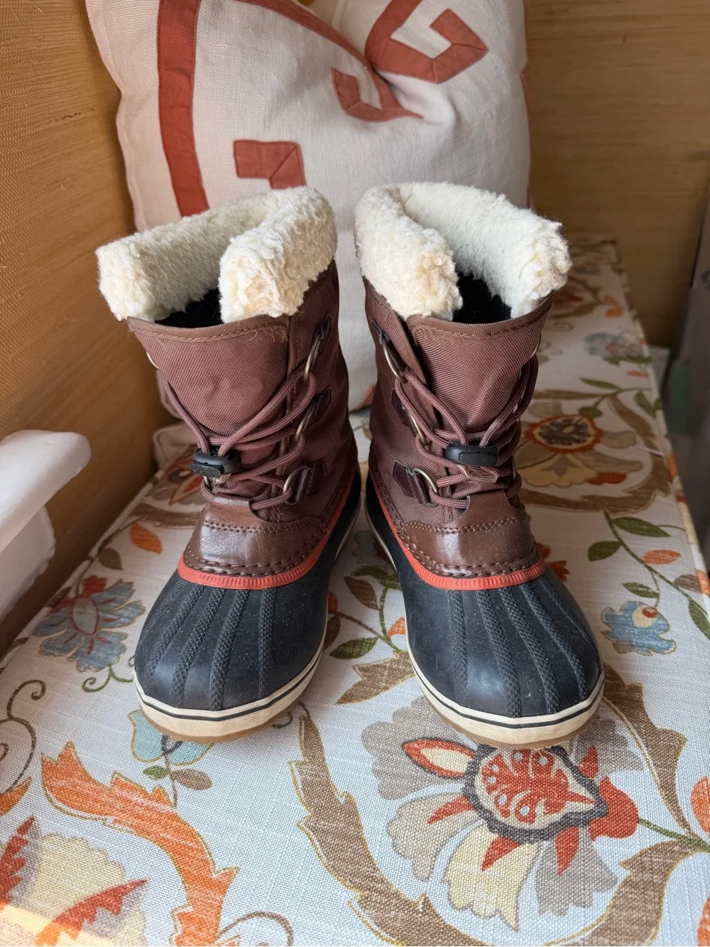 Sorel Kids Brown and Black Waterproof Winter Boots with Cream Faux Fur